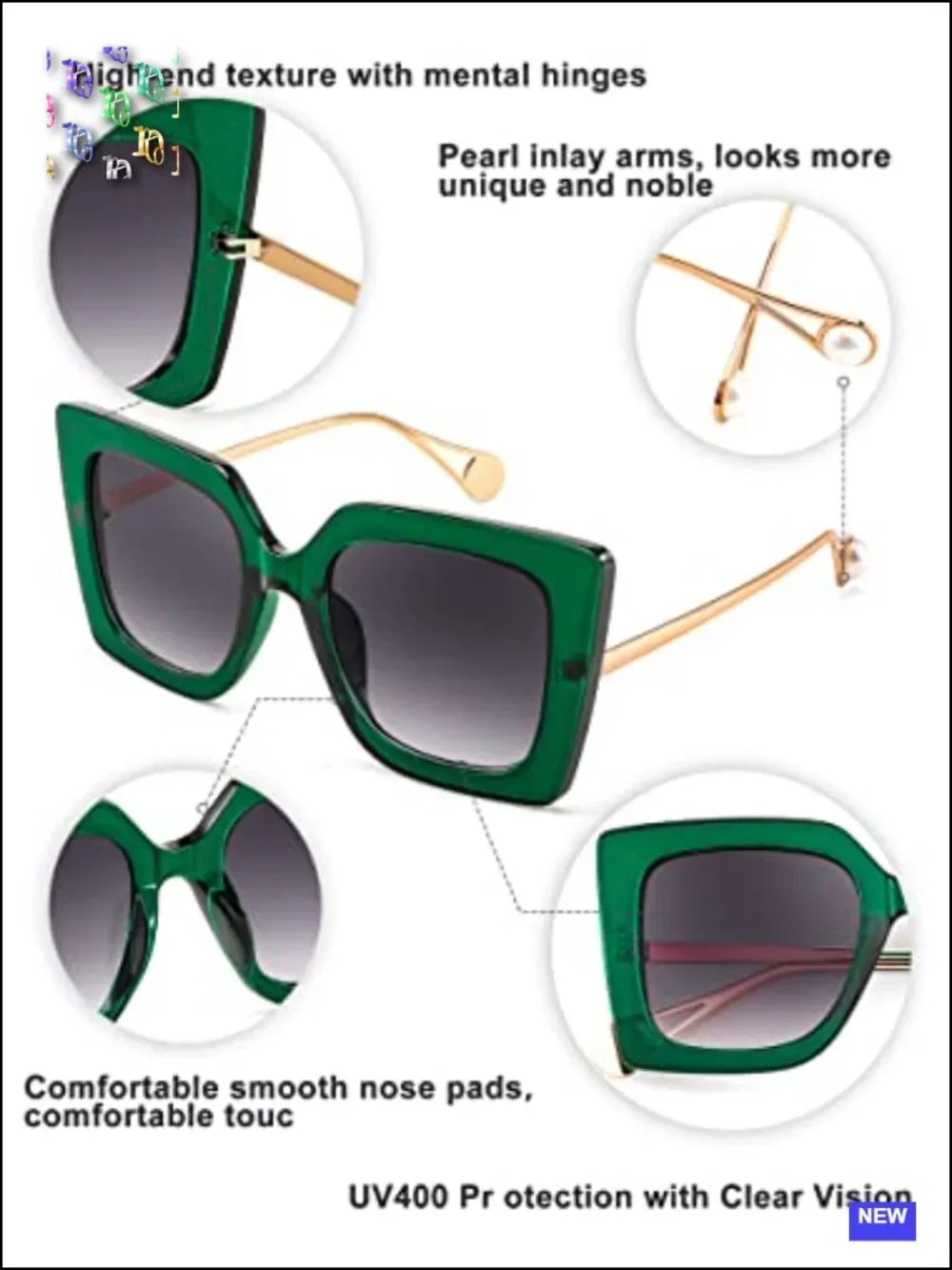 Oversized Square Sunglasses for Women Cat Eye UV400 Protection Pearl Inlay Frame